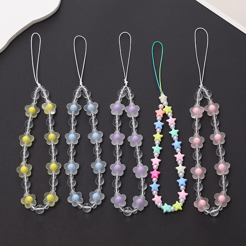 New frosted flower mobile phone chain candy color five-pointed star beaded short wrist strap drop-resistant anti-lost Chain pendant