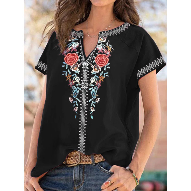 Women's T-shirt Short Sleeve T-shirts Printing Casual Ethnic Style Flower display picture 2