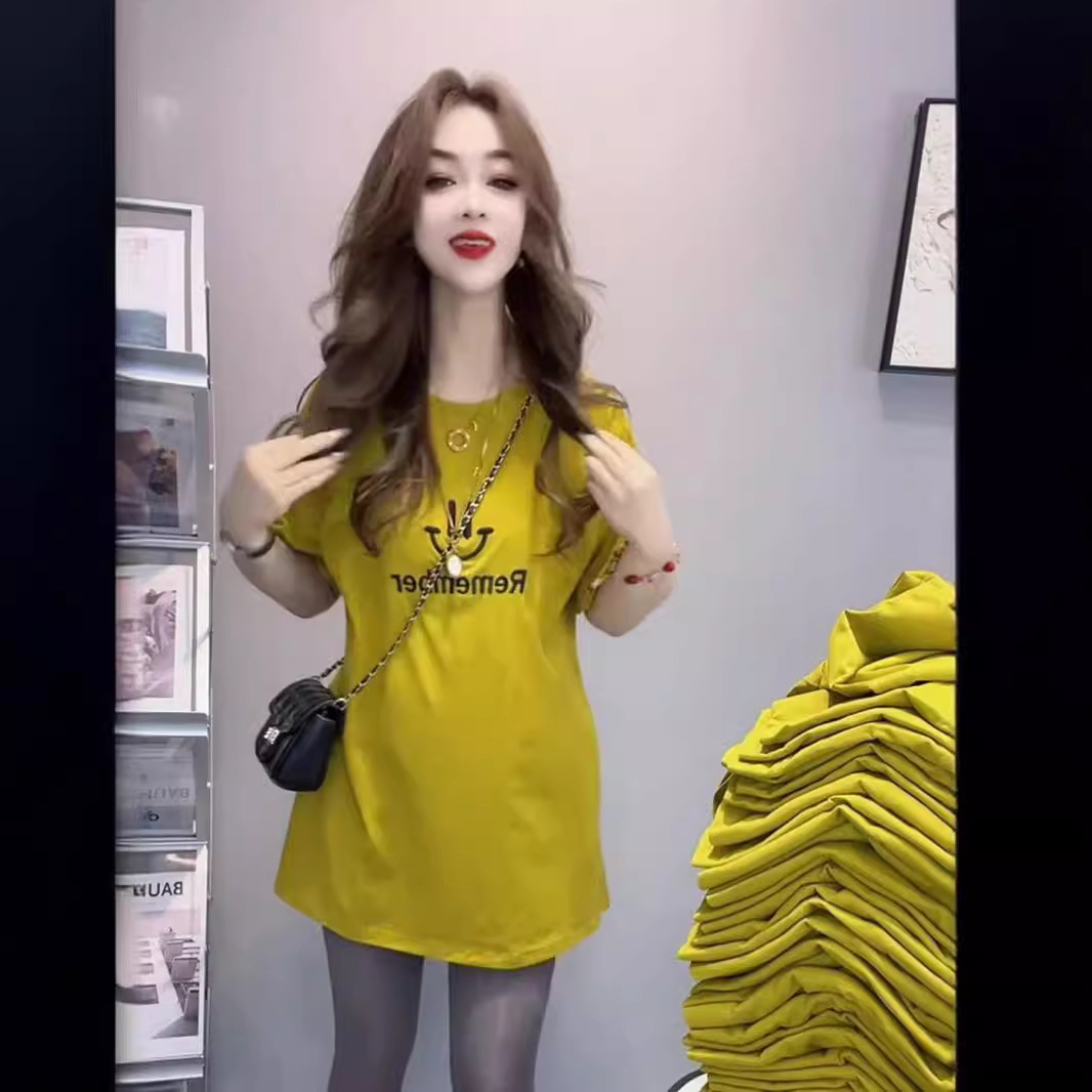 2024 verano moda ropa de mujer diseño sentido letra impresa camiseta de longitud media productos europeos todo fósforo camiseta de manga corta marea ins