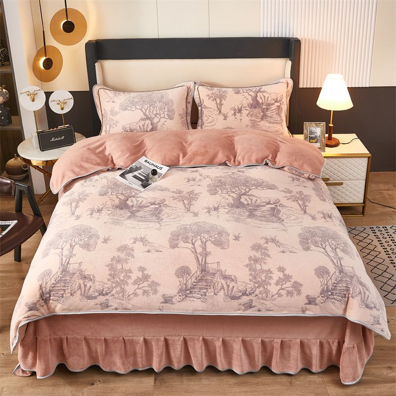 冬季加厚牛奶绒四件套双面加绒三件套珊瑚绒金貂绒被套床裙款代发