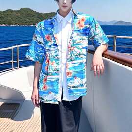 夏威夷短袖休闲衬衫夏季复古印花宽松情侣痞帅沙滩海边薄款衬衣