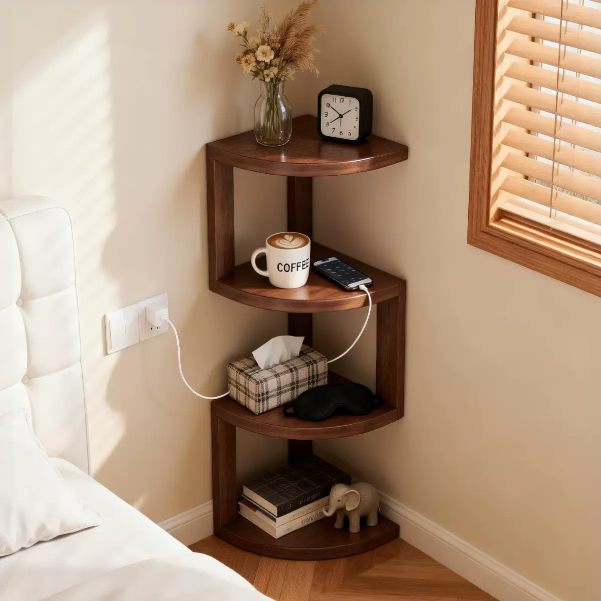 实木置物架家用隔板现代转角壁架复古储物架窄缝小边几简约收纳架