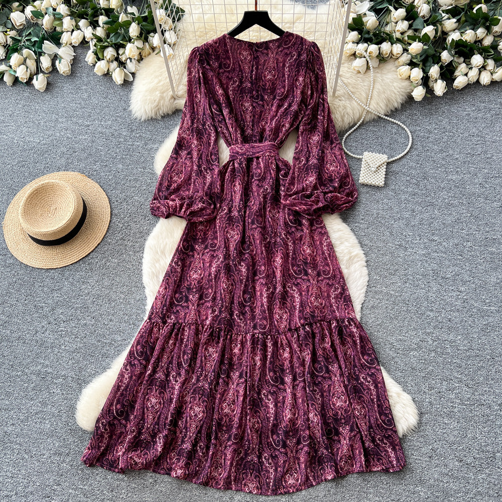 Women's French Style Loose Fitting Dress with Long Sleeves Tie Waist A-Line Long Skirt Slimming Elegant Spring Autumn Dress_ecoleips.com