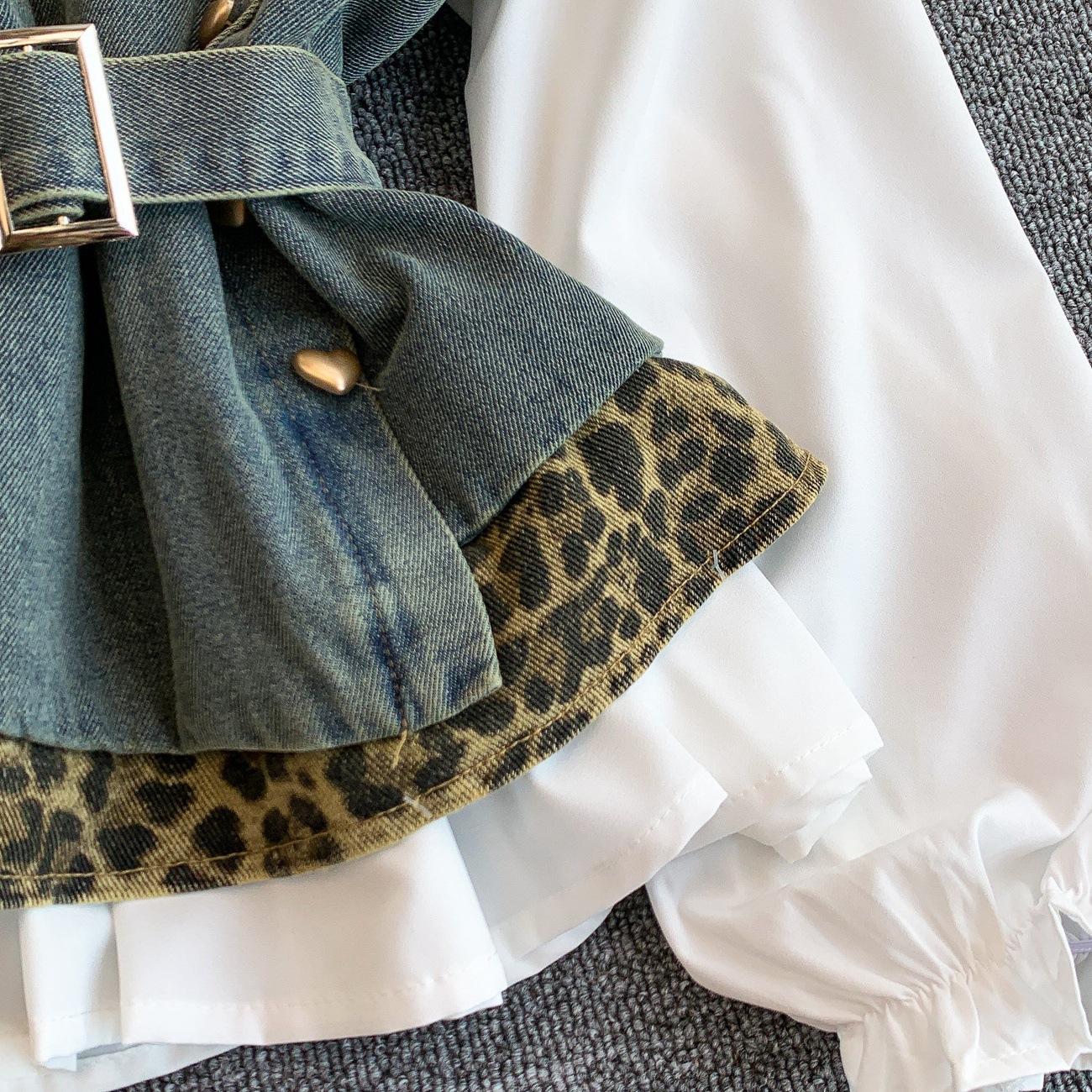 Women's Denim Leopard Print Slimming Shirt Dress Lace Up Design Suspender Top Elegant Fashion Unique Edgy Chic Sophisticated Clothing_ecoleips.com