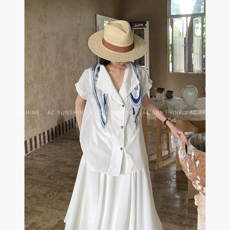 AC SUNSHINE撞色丝巾60S高密纯棉松弛感日常通勤衬衫女上衣H19522