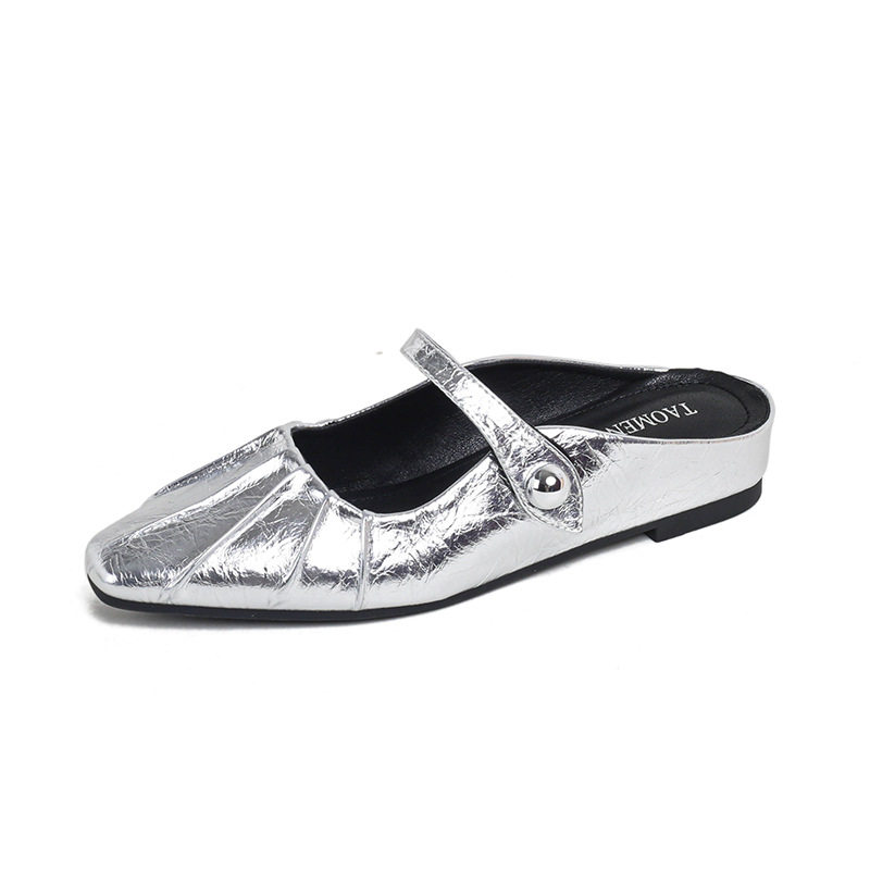 Giày mules Mary Jane nữ mũi vuông quai ngang bít mũi, gót thấp dưới 3 cm — Màu bạc, Màu đen