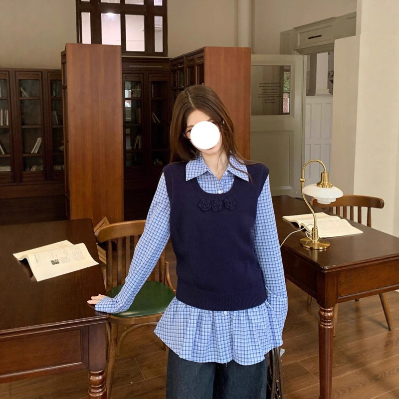 学院风套装女早秋新款针织马甲背心叠穿修身格子长袖衬衫两件套潮|undefined