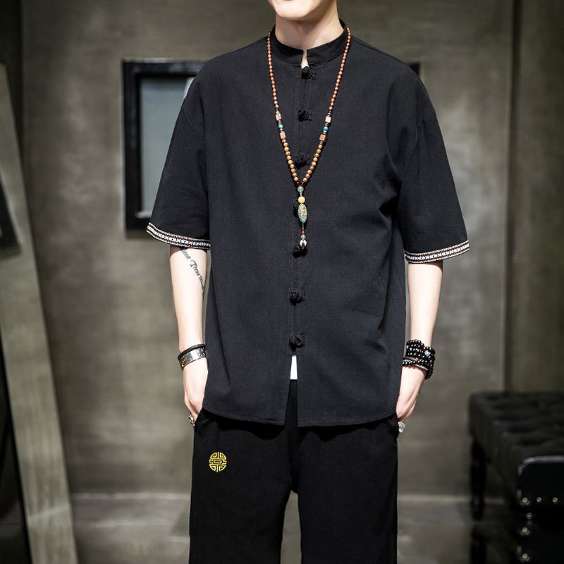 Lino de manga corta Camisa de los hombres de estilo chino hebilla Tang traje de manga cinco cuartos ropa estilo retro juventud estilo chino abrigo de moda