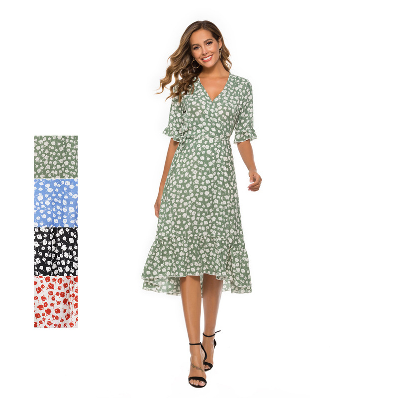 Cross-border Amazon Summer New Printed Chiffon Lotus Leaf Sleeve Large Swing Dress Wrap Dress French Tea Break Dress in Stock Cross-border Amazon Summer New Printed Chiffon Lotus Leaf Sleeve Large Swing Dress Wrap Dress French Tea Break Dress in Stock