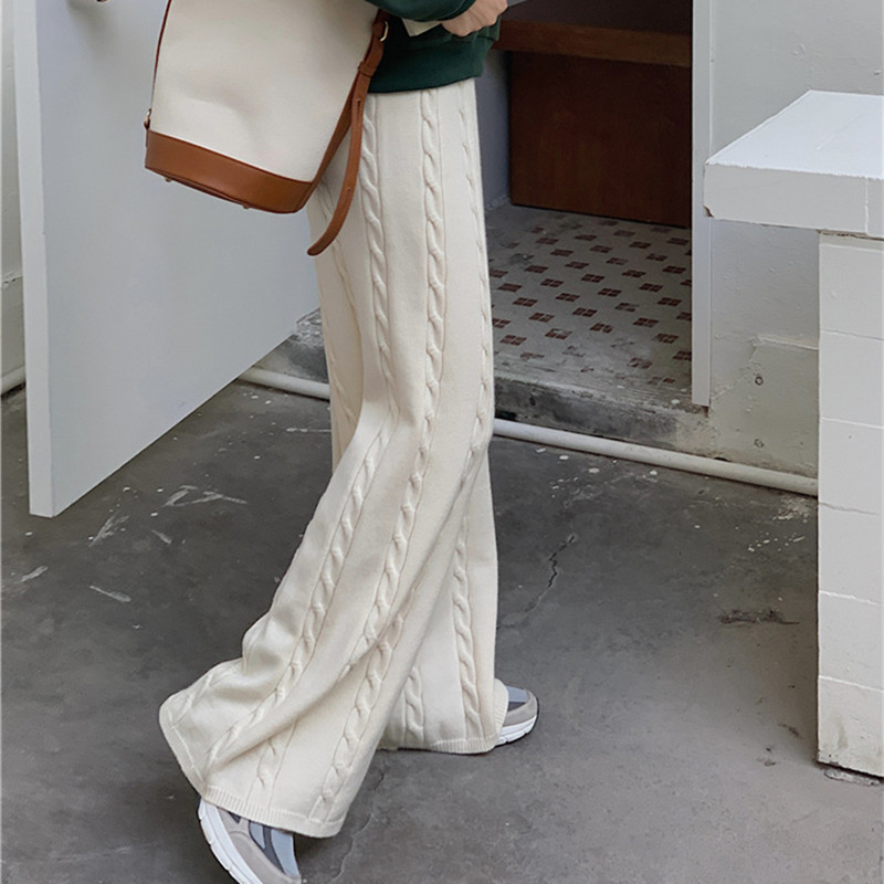 Women's Clothing Retro twisted knit wide leg pants for women autumn and winter new high waist slim loose straight mopping pants casual trousers thick_voghion.com
