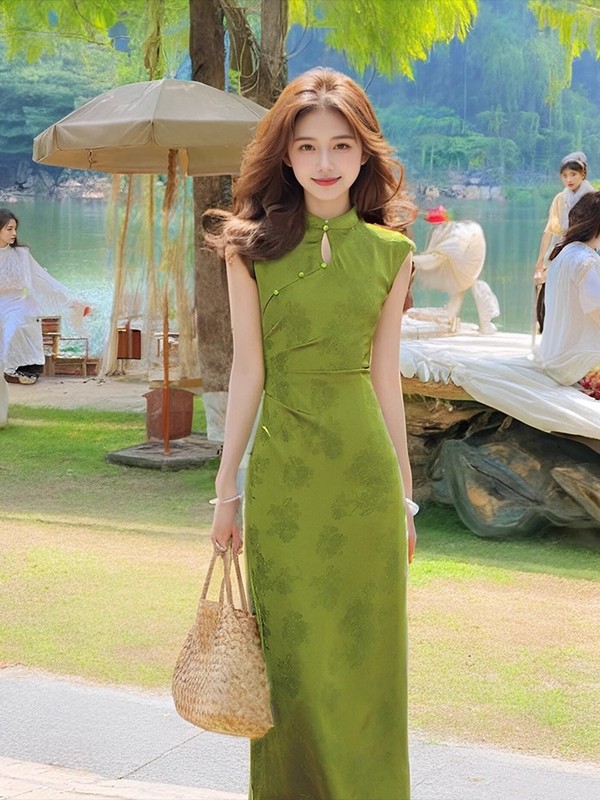 新中式国风长裙女2025夏季收腰显瘦复古风提花立领开叉旗袍连衣裙|undefined