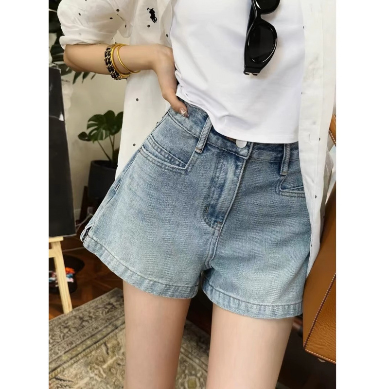 Summer Korean Designer Pe*E Retro Age-Reducing Flap Pocket Pants Denim Shorts Light Blue High-Waist Slimming Look A-Line Women's Shorts