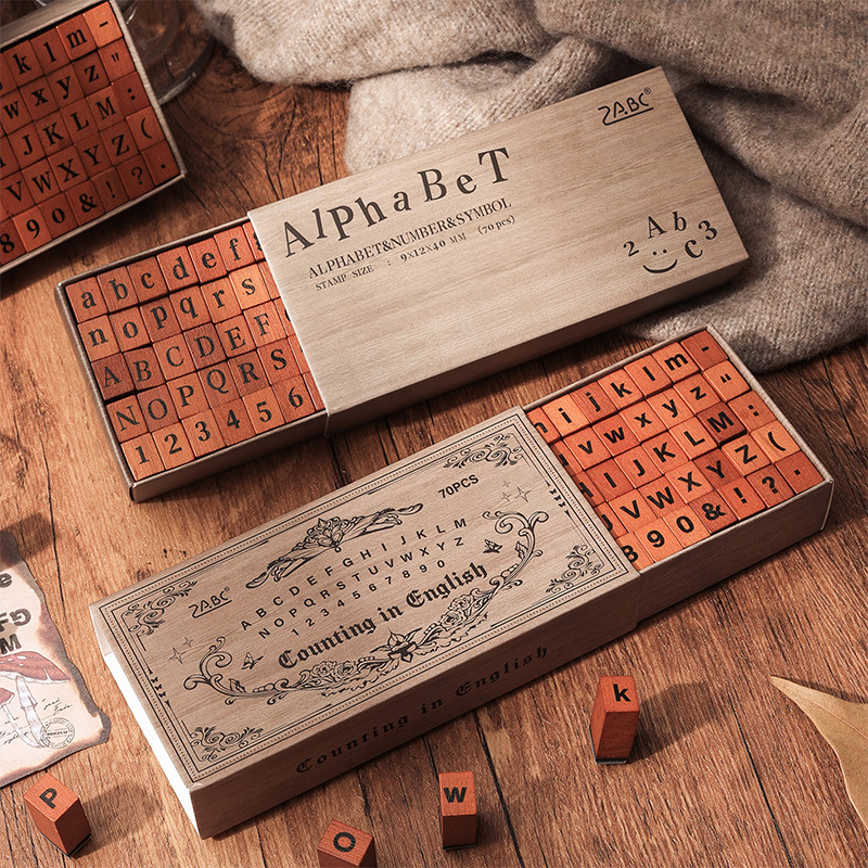 Sello de caja de madera transfronterizo alfabeto inglés mayúsculas y minúsculas sello de silicona caja de regalo sello de contabilidad