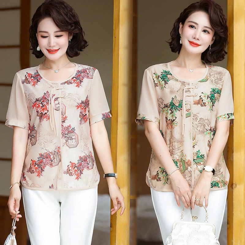 Новый китайский стиль с принтом на пуговицах национального стиля топ новый летний мода мама иностранная футболка с короткими рукавами