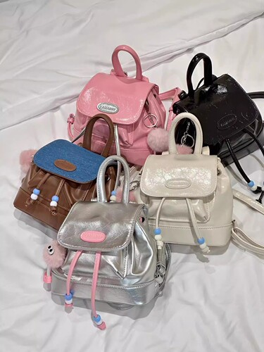 Retro all-match denim stitching backpack 2024 summer new style student cute plush bear backpack charm trend