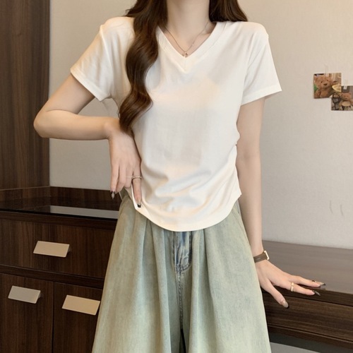 92 cotton small right shoulder V-neck short-sleeved T-shirt for women pure lusty summer solid color waist sweet and spicy slim short top