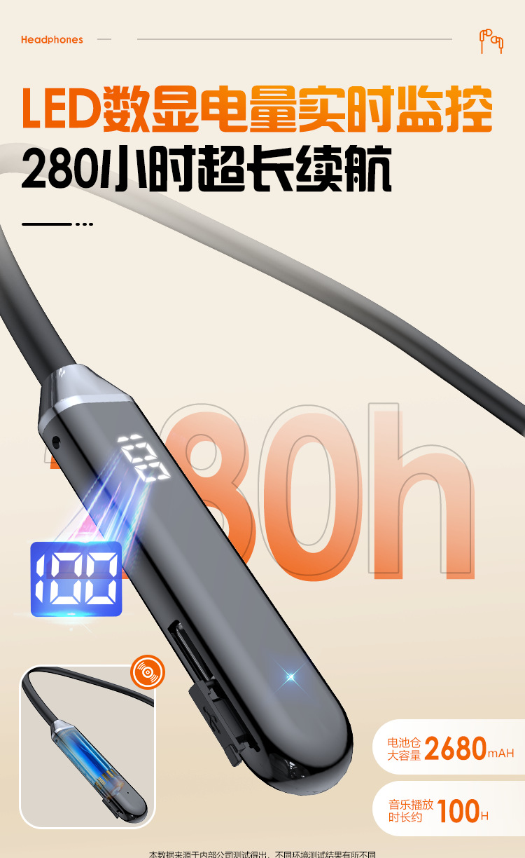 Neck-hanging wireless Bluetooth earphones with ultra-long battery life and high capacity, 2024 new model for sports and running, comfortable to wear for extended periods without ear pain