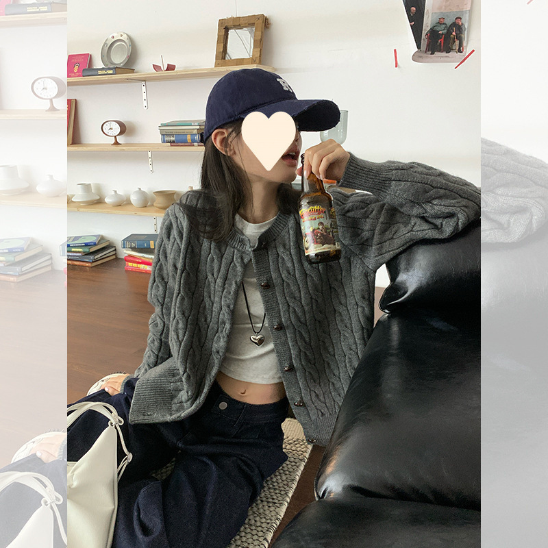 鹅黄色麻花针织开衫女春季新款外套排扣设计感长袖宽松上衣|undefined