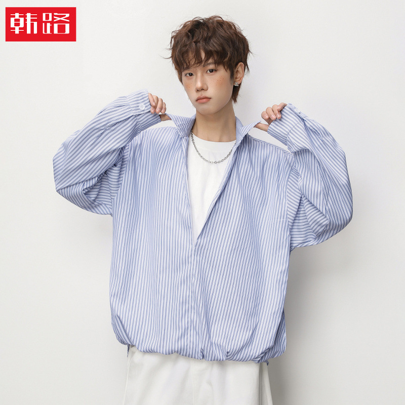 Deep V-Neck Faux Two-Piece Long-Sleeve Shirt for Men, Spring Style, Vertical Stripe Texture, Turn-Down Collar, Casual Shirt, Short Wide Top, Jacket