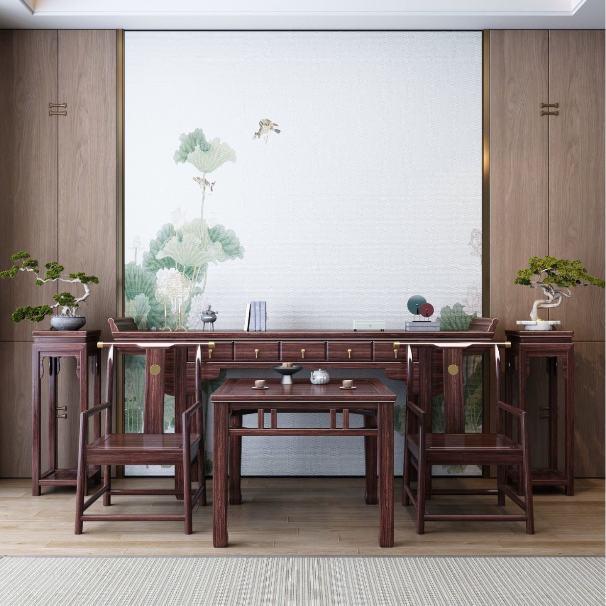 Solid Wood Offering Table New Chinese Style All-Solid Wood Six-Piece Set with Mortise and Tenon Structure, Altar Table, Eight Immortals Table, Bench, Shrine Factory