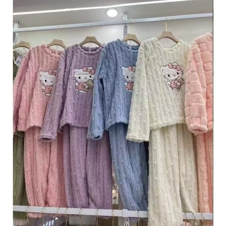 2025 漫画猫サンゴフリースパジャマ女性の冬の新スタイルプラスベルベット厚みのあるホーム服冬暖かい長袖スーツ|undefined