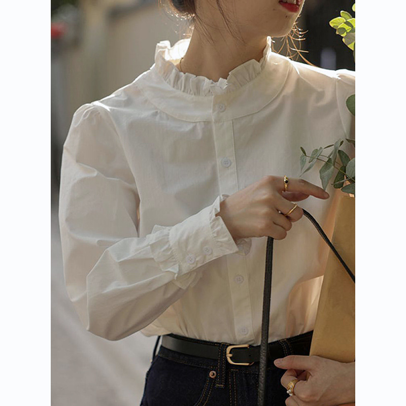 White Lace Collar Shirt for Women, New Autumn Style, Inner Layer Base Shirt, Petite Artistic Pure Long-Sleeve Top