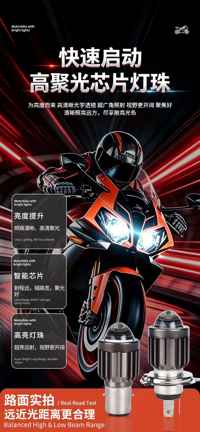Cross-border exclusive LED dual-color high/low beam spotlight for electric vehicles and motorcycles, featuring a fisheye lens and built-in light