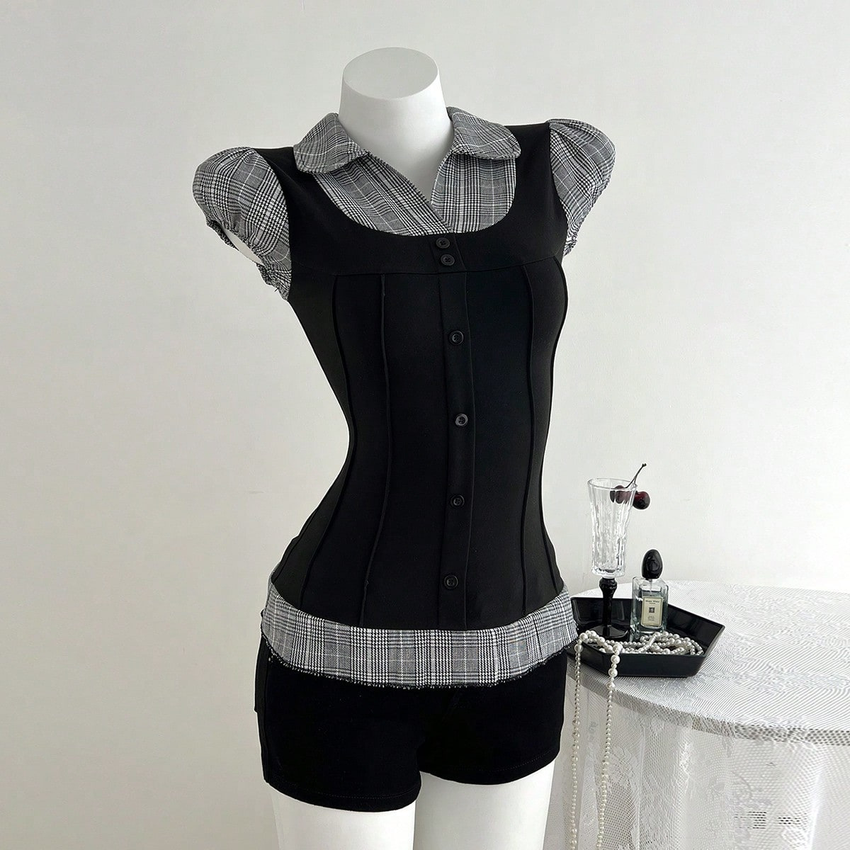 Women's Waist-Defining Plaid Contrast False Two-Layer T-Shirt - Slim Fit Casual Top With Color Block Design_ecoleips.com