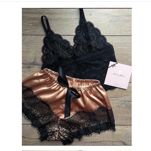 Summer Women's artificial silk sling Princess pajamas sexy extreme temptation two-piece underwear nightdress homewear Summer Women's artificial silk sling Princess pajamas sexy extreme temptation two-piece underwear nightdress homewear