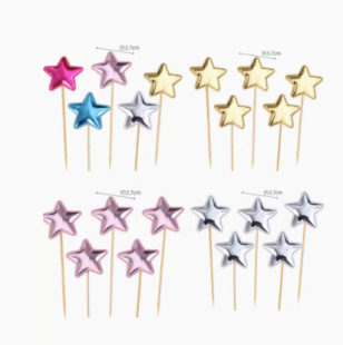 Pu Five-Pointed Star Baking Happy Birthday Cake Decoration Topper Toothpick Trendy Shiny Star Dessert Insert