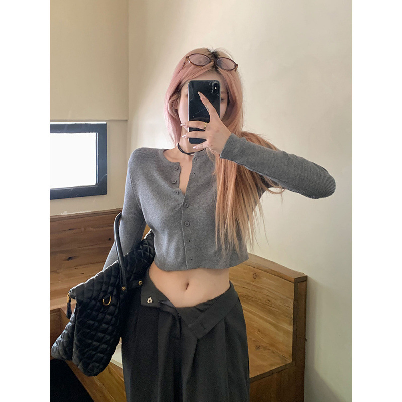 Real Shot in Stock - Hot Girl Short Knitted Cardigan Women's Spring & Fall Bm Style Round Neck Jacket Top