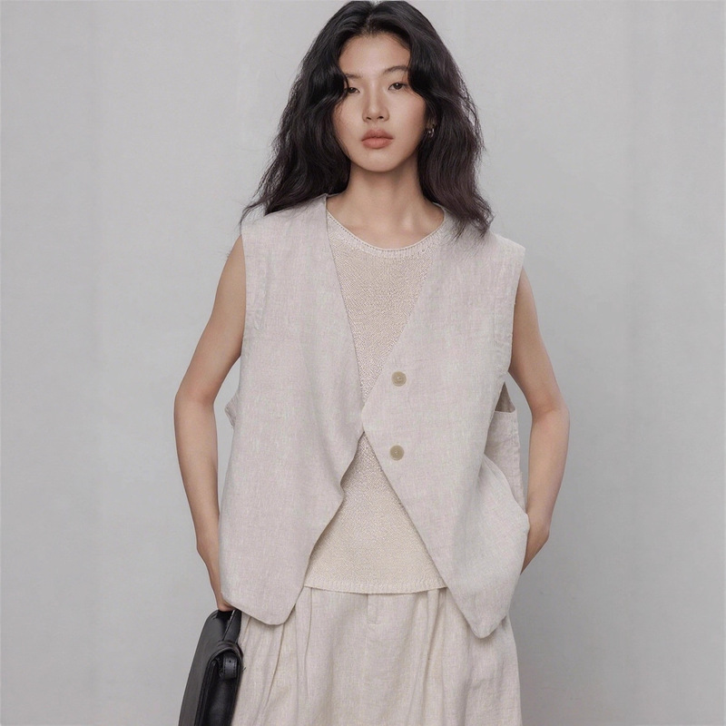 [High-Quality Goods] 100% Linen 9-Count Thread Count Old Money Style Vest for Women, Casual and Relaxed Sleeveless Jacket