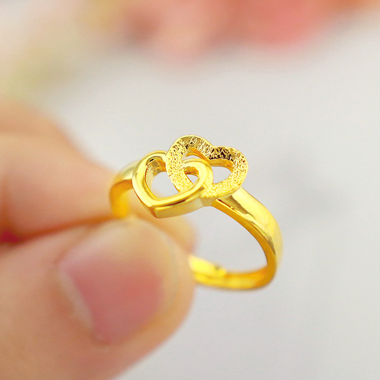 24k鍍金沙金戒指雙心開口戒指 韓版時尚女士結婚仿金戒指