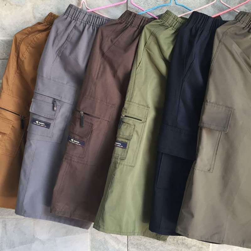 Men's Beach Pants Three-Quarter Cargo Pants Multi-Flap Pocket Pants Men's Mid-Pants Elastic Waist Pure Color Cotton Large Pants Street Stall Casual Pants