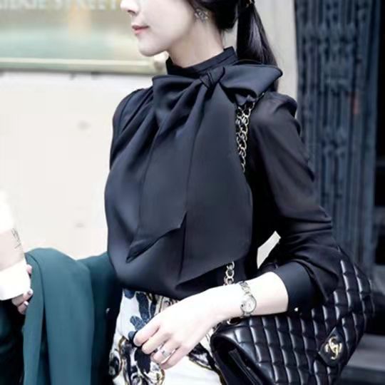 Camicia in chiffon con fiocco maniche lunghe elegante donna_voghion.com