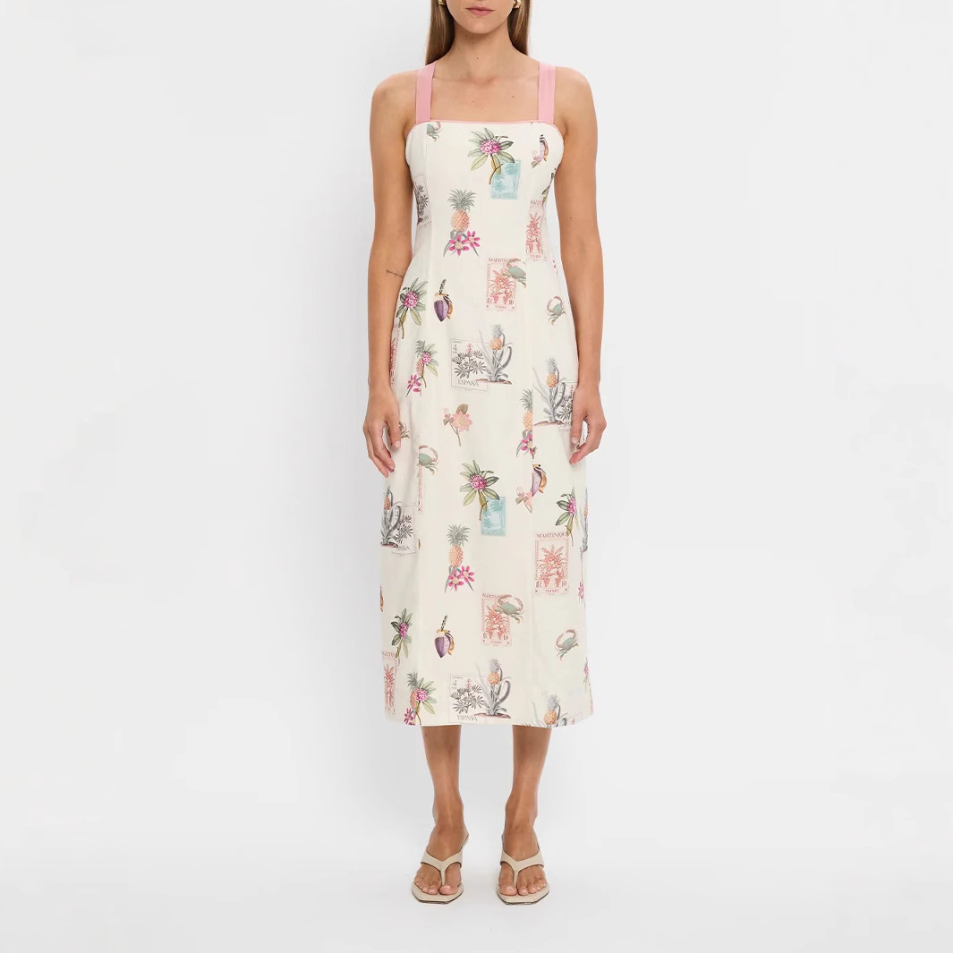 Off Shoulder, Strap Neckline Wholesale Women's Elegant Streetwear Printing Beach Off Shoulder Strap Sleeveless Strap Dress Backless Lace Up Dress