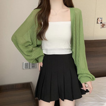 镂空针织开衫外套女秋季披肩外搭薄款长袖罩衫短款遮阳上衣绿色