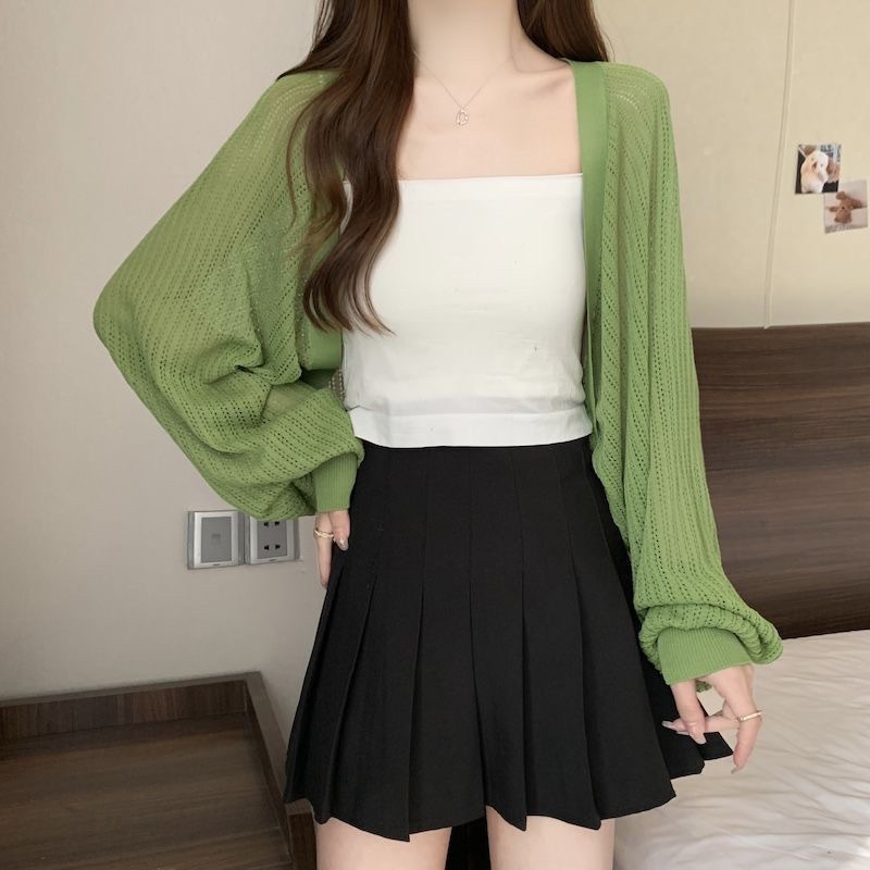 镂空针织开衫外套女秋季披肩外搭薄款长袖罩衫短款遮阳上衣绿色
