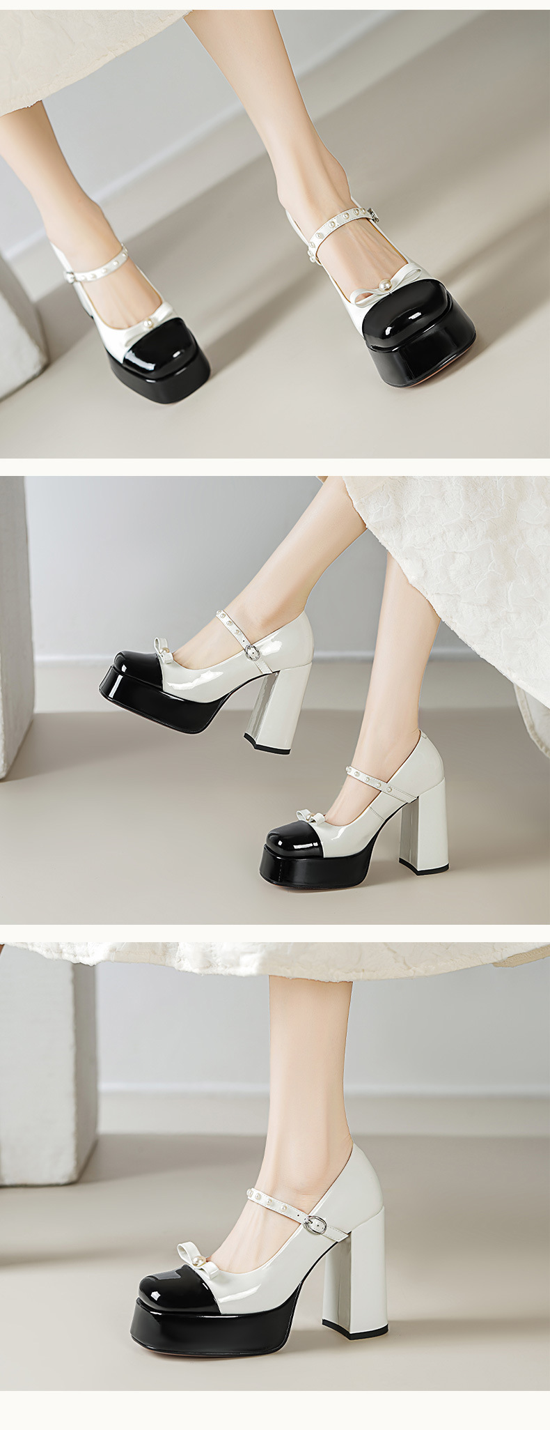 Giày Mary Jane nữ gót vuông đế dày phong cách Xiaoxiang, phối màu nơ, gót cao 9 cm — Màu trắng chi tiết 5