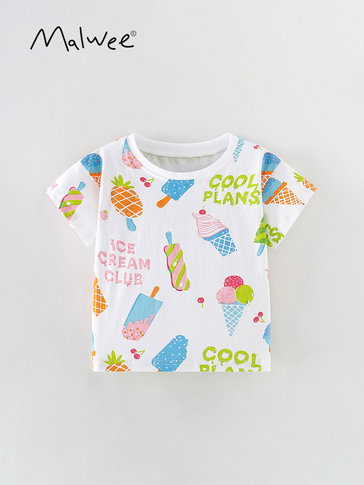 Malwee transfronterizo camiseta infantil de verano nuevo estilo europeo y americano impresión de aire extranjero de cuello redondo de manga corta chaqueta casual