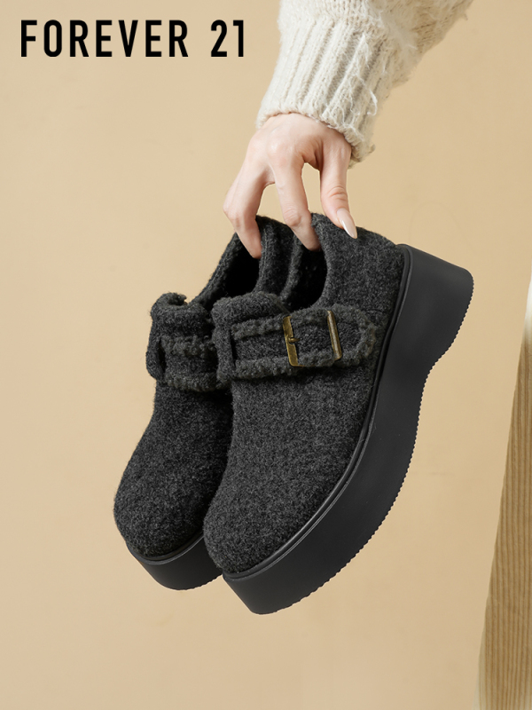F21 Black Plush Birkenstock Shoes 2026 New Autumn and Winter Women's Small Size Thick-Soled Height-Increasing Slip-On Casual Shoes