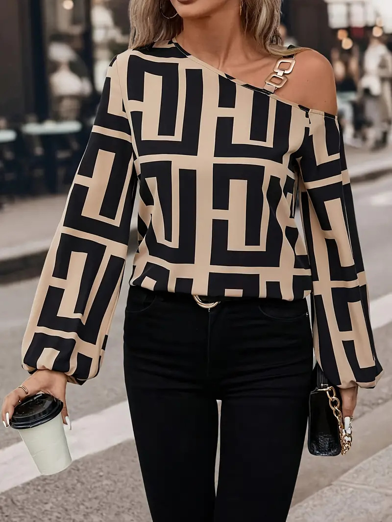 273g Weight Long Sleeve Sleeve Length Polyester Fabric Type Regular Top Length Blouse Tops Type Casual, Daily Occasion Oblique collar Neckline Regular Fit Fit Type Geometric Pattern Spring, Autumn Season Women's Gender Printing Design Elegant, Streetwear Style Wholesale Women's Elegant Streetwear Geometric Long Sleeve Printing Blouses 1