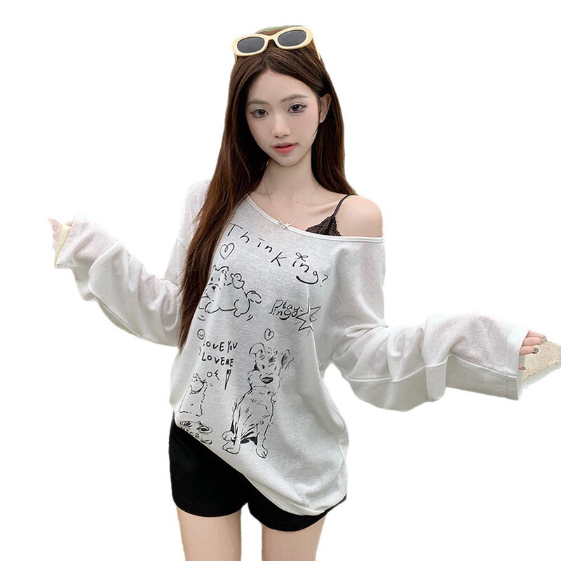 Lazy Style Fun Printed Slanted Shoulder Long-Sleeved T-Shirt Women's Summer Casual Loose Thin Sun Protection Blouse Off-Shoulder Top Lazy Style Fun Printed Slanted Shoulder Long-Sleeved T-Shirt Women's Summer Casual Loose Thin Sun Protection Blouse Off-Shoulder Top