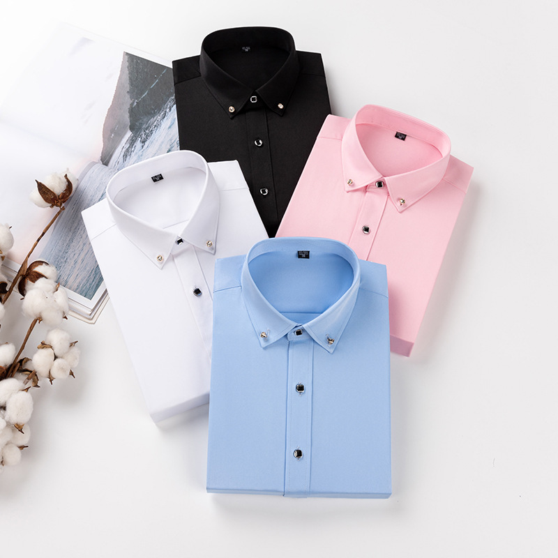 Spring and Autum Long-Sleeved Shirts with Diamond Button Collar for Young Men, Business Work Clothes, Pure Blue Shirts, Men's Bottoming Shirts, Work Clothes