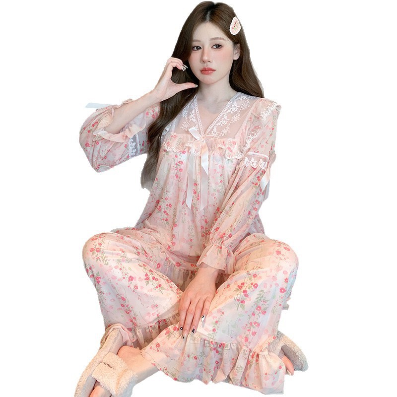 凌蕾春秋新款印色蕾丝花边甜美宽松公主风网纱睡衣套装家居服|undefined
