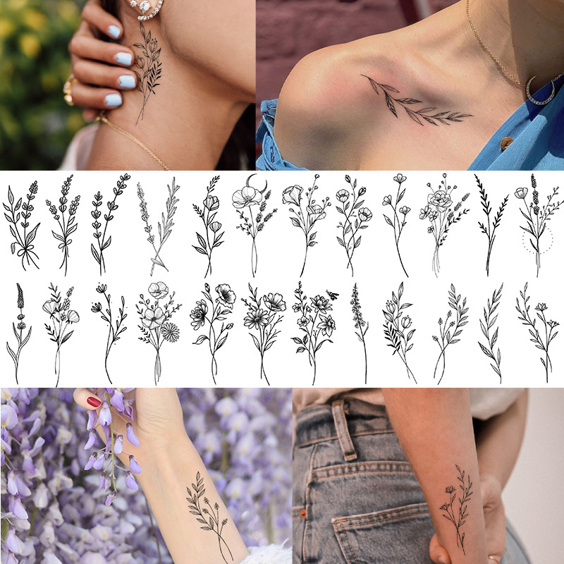 Pequeñas pegatinas de tatuaje frescas letras inglesas flores mariposas líneas de boceto pegatinas de tatuaje impermeables tatuaje