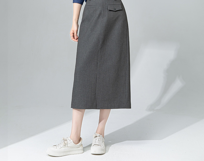 Váy midi len Tencel xám đậm xẻ tà ống suông đa năng — màu xám chi tiết 14