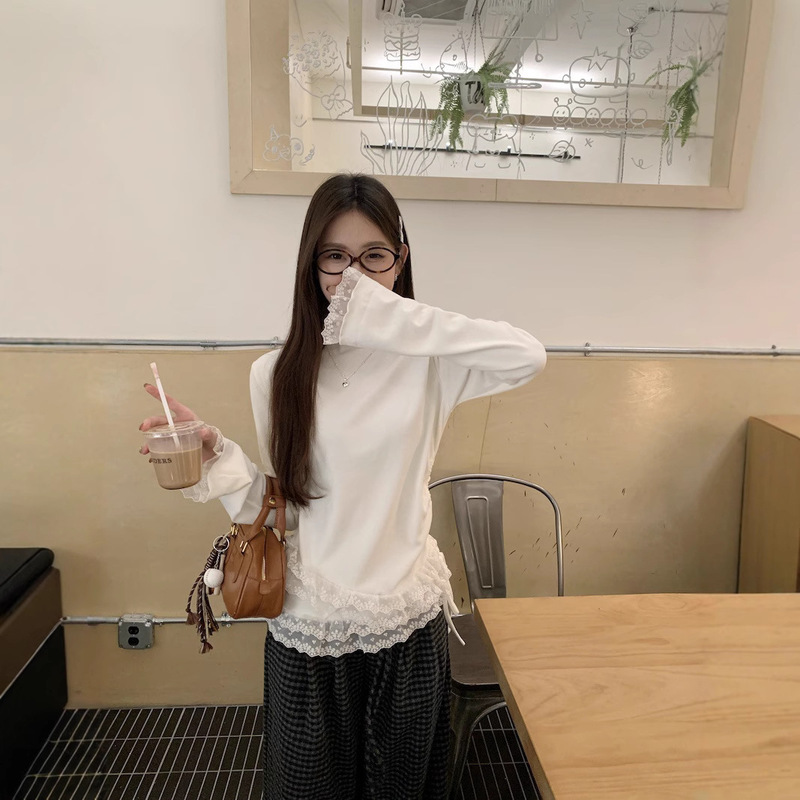 Real Shot Cream White Double Lace Half-high Collar Long-sleeved T-shirt Women's Autumn and Winter Fleece Slim-fit Drawstring Top 73359