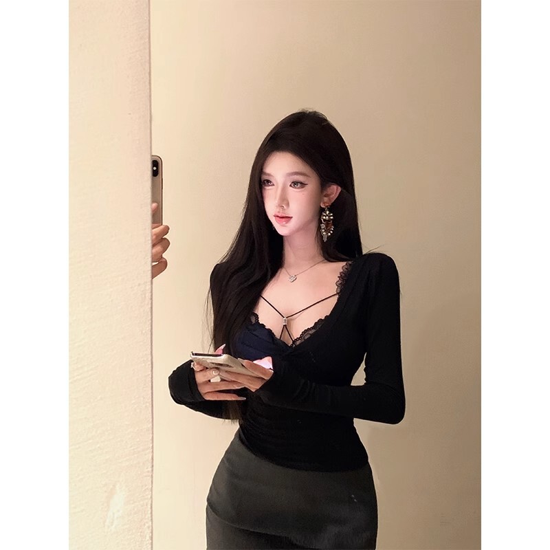 Cross-border Foreign Trade Europe and America Sexy Low-cut Pure V-neck Black Lace Long-sleeved Top Women's Spring Hot Girl Slim T-shirt