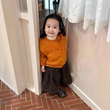 韩国童装女童宝宝新款儿童橘色针织毛衣开衫外套小童格子阔腿裙裤